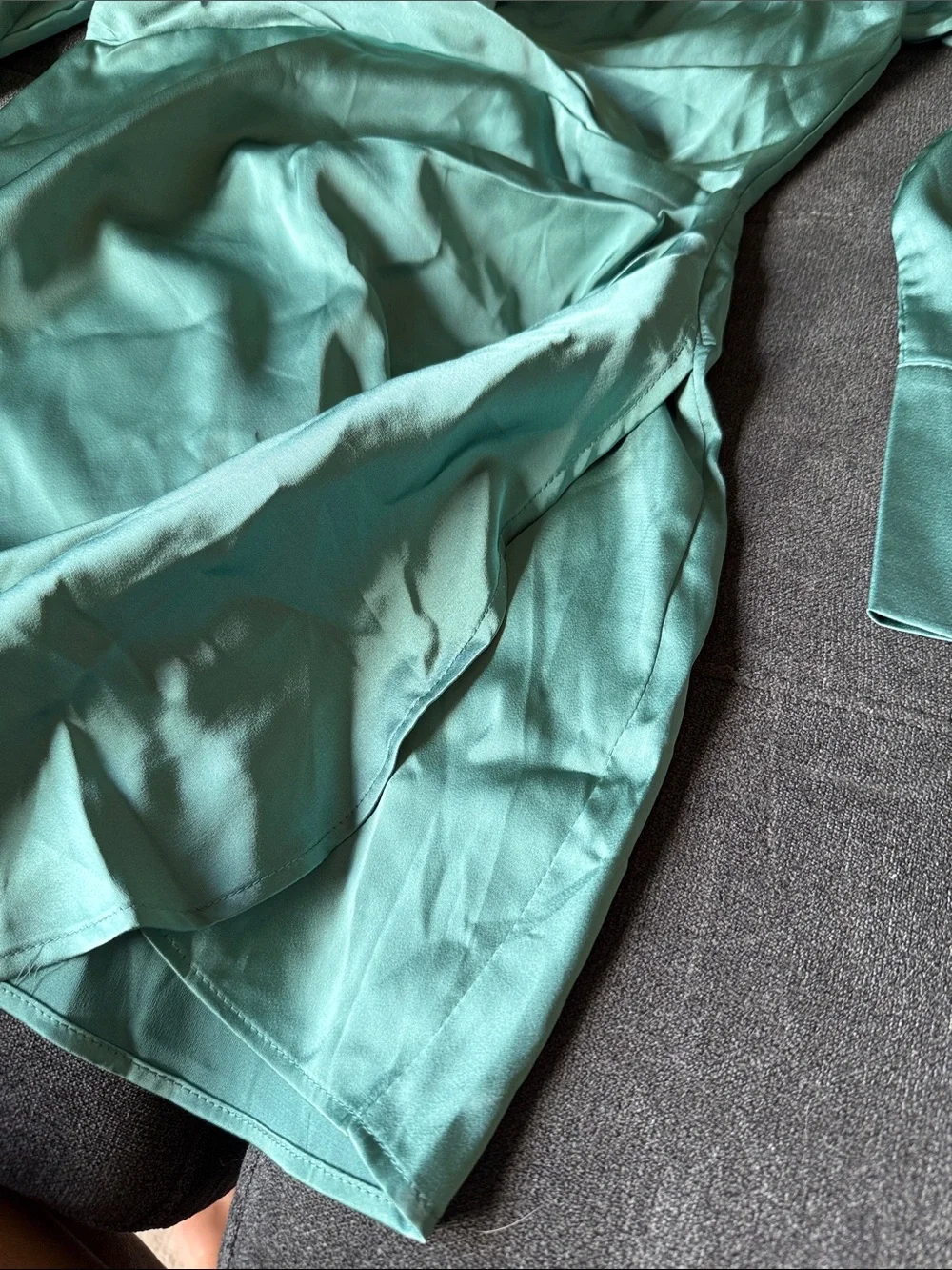 Satin Wrap Long-Sleeve Mini Dress - Teal Green